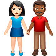 👩🏻‍🤝‍👨🏾 Emoji Mann und Frau halten Hände: helle Hautfarbe, mitteldunkle Hautfarbe Apple iOS 16.4.