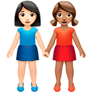 👩🏻‍🤝‍👩🏽 Emoji händchenhaltende Frauen: helle Hautfarbe, mittlere Hautfarbe Apple iOS 16.4.