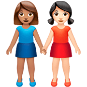 👩🏽‍🤝‍👩🏻 Emoji händchenhaltende Frauen: mittlere Hautfarbe, helle Hautfarbe Apple iOS 16.4.