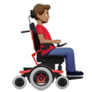 👨🏽‍🦼‍➡️ Emoji Homem em cadeira de rodas motorizada virado para a direita: tom de pele médio na Apple iOS 17.4.