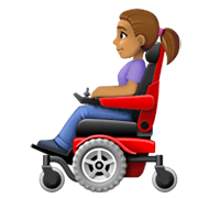 👩🏽‍🦼 Emoji Frau in elektrischem Rollstuhl: mittlere Hautfarbe Facebook 13.1.