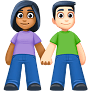 👩🏾‍🤝‍👨🏻 Emoji Mann und Frau halten Hände: mitteldunkle Hautfarbe, helle Hautfarbe Facebook 14.0.