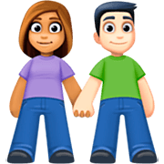 👩🏽‍🤝‍👨🏻 Emoji Mann und Frau halten Hände: mittlere Hautfarbe, helle Hautfarbe Facebook 14.0.