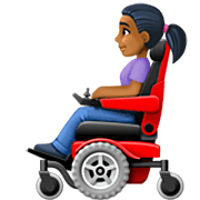 👩🏾‍🦼 Emoji Mulher Em Cadeira De Rodas Motorizada: Pele Morena Escura na Facebook 14.0.