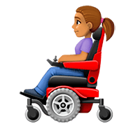 👩🏽‍🦼 Emoji Mulher Em Cadeira De Rodas Motorizada: Pele Morena na Facebook 4.0.