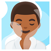 🧖🏾‍♂️ Emoji Homem Na Sauna: Pele Morena Escura na Google 15.0.