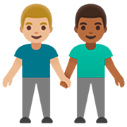 👨🏼‍🤝‍👨🏾 Emoji händchenhaltende Männer: mittelhelle Hautfarbe, mitteldunkle Hautfarbe Google 15.0.
