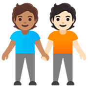 🧑🏽‍🤝‍🧑🏻 Emoji sich an den Händen haltende Personen: mittlere Hautfarbe, helle Hautfarbe Google 15.0.