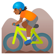 🚵🏾 Emoji Pessoa Fazendo Mountain Bike: Pele Morena Escura na Google 15.0.