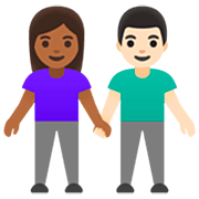 👩🏾‍🤝‍👨🏻 Emoji Mann und Frau halten Hände: mitteldunkle Hautfarbe, helle Hautfarbe Google 15.0.