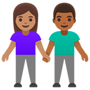 👩🏽‍🤝‍👨🏾 Emoji Homem E Mulher De Mãos Dadas: Pele Morena E Pele Morena Escura na Google 15.0.