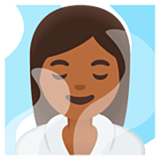 🧖🏾‍♀️ Emoji Mulher Na Sauna: Pele Morena Escura na Google 15.0.