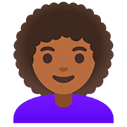 👩🏾‍🦱 Emoji Mulher: Pele Morena Escura E Cabelo Cacheado na Google 15.0.