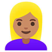 👱🏽‍♀️ Emoji Frau: mittlere Hautfarbe, blond Google 15.0.