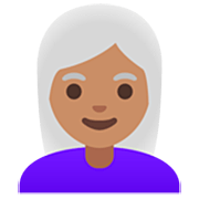 👩🏽‍🦳 Emoji Mujer: Tono De Piel Medio Y Pelo Blanco en Google 15.0.