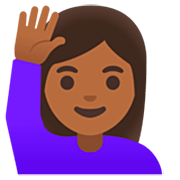 🙋🏾‍♀️ Emoji Frau mit erhobenem Arm: mitteldunkle Hautfarbe Google 15.0.