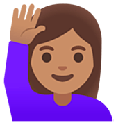 🙋🏽‍♀️ Emoji Frau mit erhobenem Arm: mittlere Hautfarbe Google 15.0.