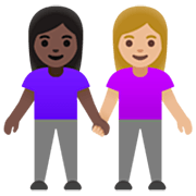 👩🏿‍🤝‍👩🏼 Emoji Duas Mulheres De Mãos Dadas: Pele Escura E Pele Morena Clara na Google 15.0.
