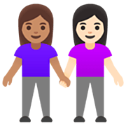👩🏽‍🤝‍👩🏻 Emoji händchenhaltende Frauen: mittlere Hautfarbe, helle Hautfarbe Google 15.0.