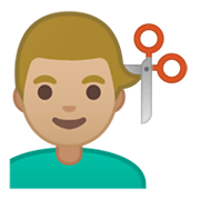 Émoji 💇🏼‍♂️ Homme Qui Se Fait Couper Les Cheveux : Peau Moyennement Claire sur Google Android 10.0 March 2020 Feature Drop.