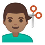 Emoji 💇🏽‍♂️ Taglio Di Capelli Per Uomo: Carnagione Olivastra su Google Android 10.0 March 2020 Feature Drop.