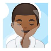 🧖🏾‍♂️ Emoji Homem Na Sauna: Pele Morena Escura na Google Android 10.0 March 2020 Feature Drop.