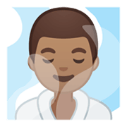 Emoji 🧖🏽‍♂️ Uomo In Sauna: Carnagione Olivastra su Google Android 10.0 March 2020 Feature Drop.