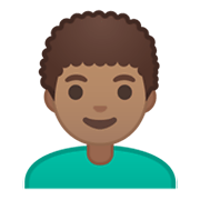 Emoji 👨🏽‍🦱 Uomo: Carnagione Olivastra E Capelli Ricci su Google Android 10.0 March 2020 Feature Drop.