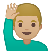 🙋🏼‍♂️ Emoji Homem Levantando A Mão: Pele Morena Clara na Google Android 10.0 March 2020 Feature Drop.