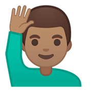 Emoji 🙋🏽‍♂️ Uomo Con Mano Alzata: Carnagione Olivastra su Google Android 10.0 March 2020 Feature Drop.