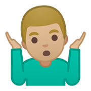 🤷🏼‍♂️ Emoji Hombre Encogido De Hombros: Tono De Piel Claro Medio en Google Android 10.0 March 2020 Feature Drop.