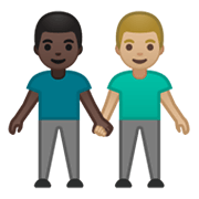 👨🏿‍🤝‍👨🏼 Emoji händchenhaltende Männer: dunkle Hautfarbe, mittelhelle Hautfarbe Google Android 10.0 March 2020 Feature Drop.