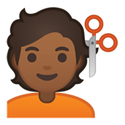 💇🏾 Emoji Persona Cortándose El Pelo: Tono De Piel Oscuro Medio en Google Android 10.0 March 2020 Feature Drop.