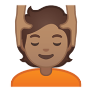 💆🏽 Emoji Person, die eine Kopfmassage bekommt: mittlere Hautfarbe Google Android 10.0 March 2020 Feature Drop.