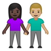 👩🏿‍🤝‍👨🏼 Emoji Mann und Frau halten Hände: dunkle Hautfarbe, mittelhelle Hautfarbe Google Android 10.0 March 2020 Feature Drop.