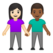 👩🏻‍🤝‍👨🏾 Emoji Mann und Frau halten Hände: helle Hautfarbe, mitteldunkle Hautfarbe Google Android 10.0 March 2020 Feature Drop.