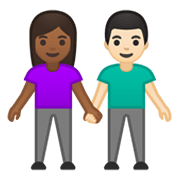 👩🏾‍🤝‍👨🏻 Emoji Mann und Frau halten Hände: mitteldunkle Hautfarbe, helle Hautfarbe Google Android 10.0 March 2020 Feature Drop.
