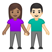 👩🏽‍🤝‍👨🏻 Emoji Mann und Frau halten Hände: mittlere Hautfarbe, helle Hautfarbe Google Android 10.0 March 2020 Feature Drop.