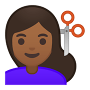 💇🏾‍♀️ Emoji Mulher Cortando O Cabelo: Pele Morena Escura na Google Android 10.0 March 2020 Feature Drop.