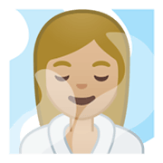 🧖🏼‍♀️ Emoji Frau in Dampfsauna: mittelhelle Hautfarbe Google Android 10.0 March 2020 Feature Drop.