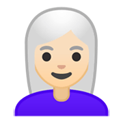 👩🏻‍🦳 Emoji Mujer: Tono De Piel Claro Y Pelo Blanco en Google Android 10.0 March 2020 Feature Drop.