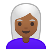 👩🏾‍🦳 Emoji Mulher: Pele Morena Escura E Cabelo Branco na Google Android 10.0 March 2020 Feature Drop.