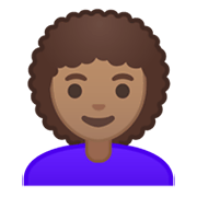 👩🏽‍🦱 Emoji Frau: mittlere Hautfarbe, lockiges Haar Google Android 10.0 March 2020 Feature Drop.
