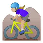 🚵🏼‍♀️ Emoji Mulher Fazendo Mountain Bike: Pele Morena Clara na Google Android 10.0 March 2020 Feature Drop.