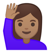 🙋🏽‍♀️ Emoji Frau mit erhobenem Arm: mittlere Hautfarbe Google Android 10.0 March 2020 Feature Drop.