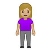🧍🏼‍♀️ Emoji stehende Frau: mittelhelle Hautfarbe Google Android 10.0 March 2020 Feature Drop.