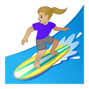 🏄🏼‍♀️ Emoji Mujer Haciendo Surf: Tono De Piel Claro Medio en Google Android 10.0 March 2020 Feature Drop.