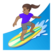 🏄🏽‍♀️ Emoji Mulher Surfista: Pele Morena na Google Android 10.0 March 2020 Feature Drop.