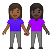👩🏾‍🤝‍👩🏿 Emoji händchenhaltende Frauen: mitteldunkle Hautfarbe, dunkle Hautfarbe Google Android 10.0 March 2020 Feature Drop.