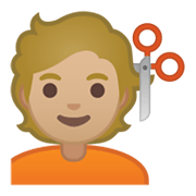 Émoji 💇🏼 Personne Qui Se Fait Couper Les Cheveux : Peau Moyennement Claire sur Google Android 10.0.